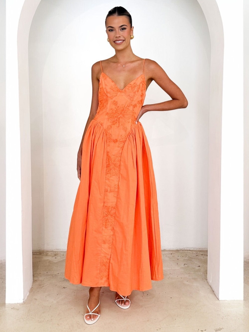 Orange Floral Embroidered Accent Cotton Sun Maxi Dress Size Small